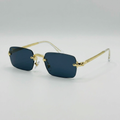 AI-edited gold-tone rimless rectangular sunglasses with dark blue-grey lenses