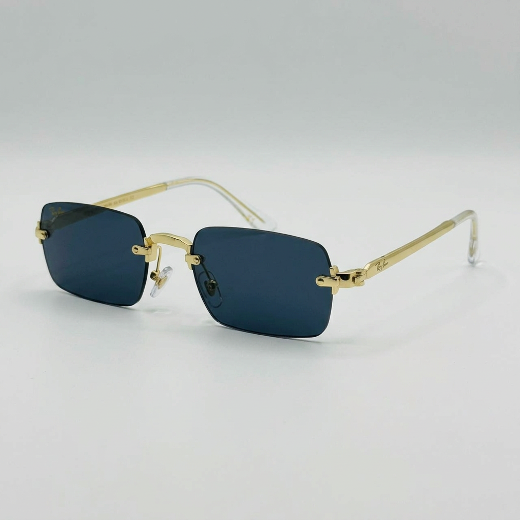 AI-edited gold-tone rimless rectangular sunglasses with dark blue-grey lenses