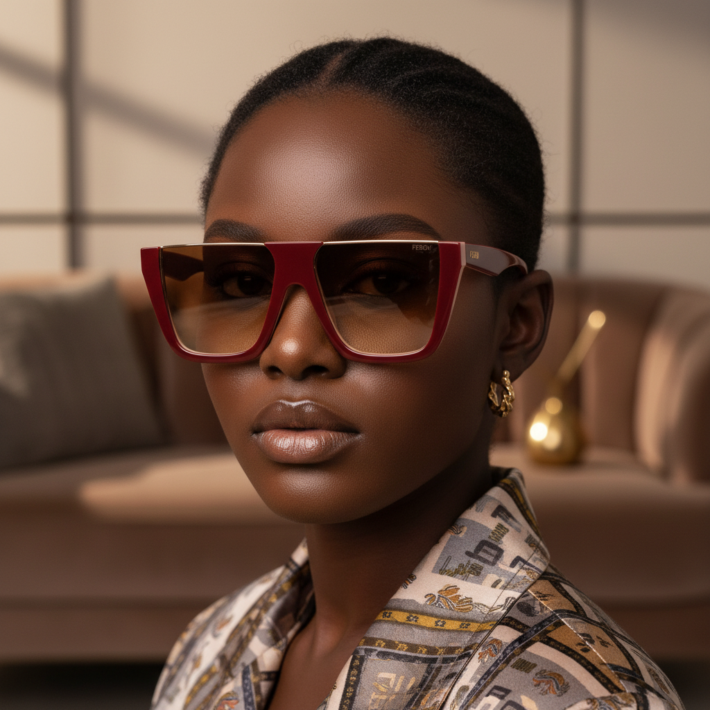 Oversized Flat-Top Square Sunglasses Burgundy Blush – Female Model Shot