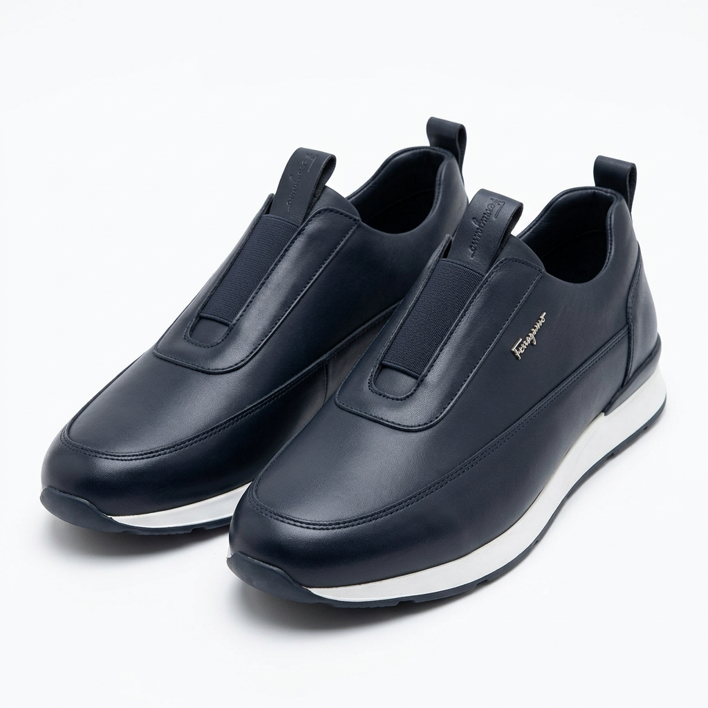 Dark navy elastic-panel slip-on shoes with white midsoles