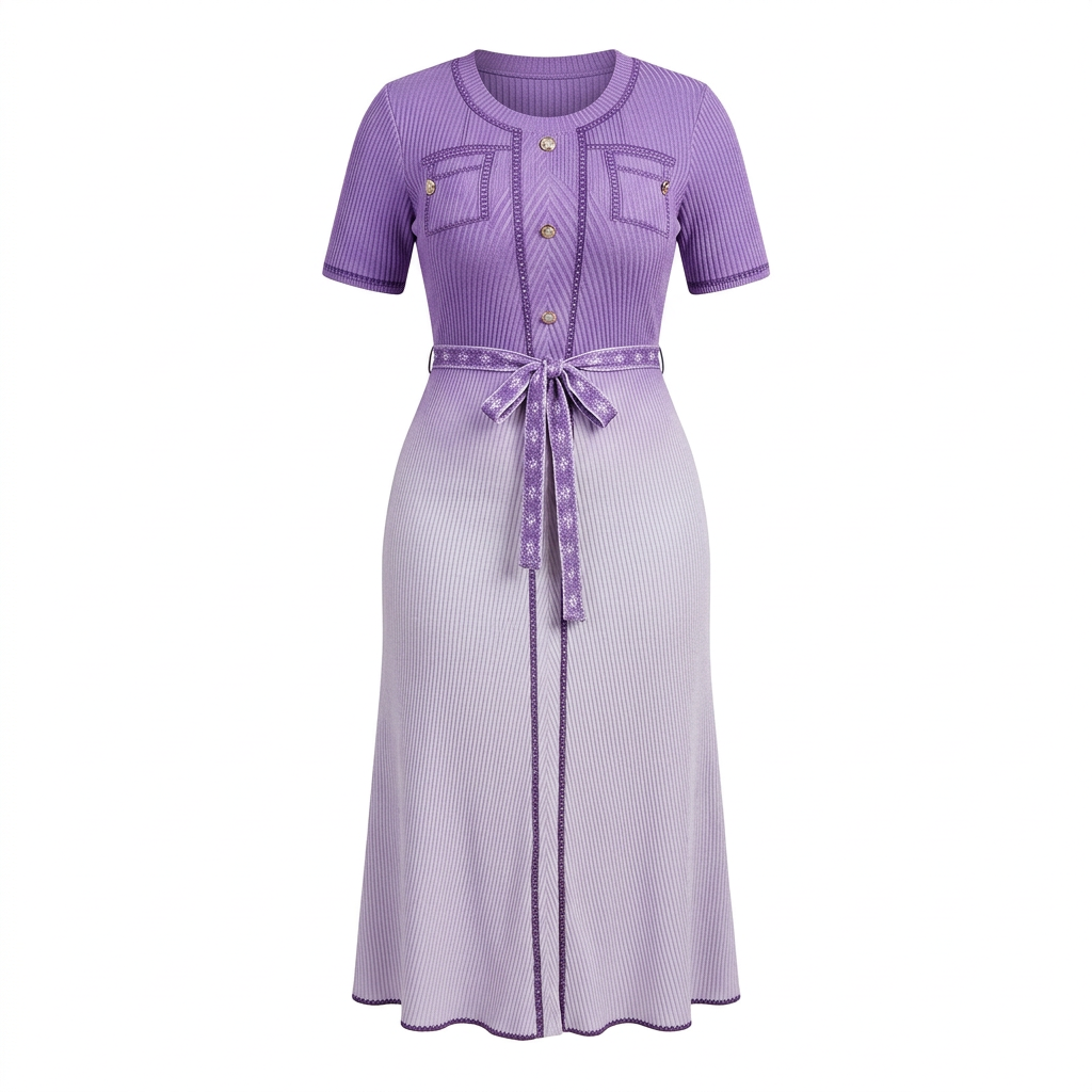 Lilac ombré pleated belted midi dress on a plain white background