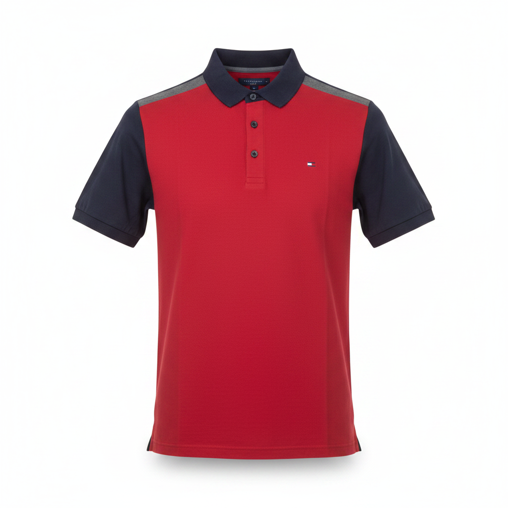 Men's red and navy colour-block polo shirt with grey shoulder accent, ghost mannequin front view