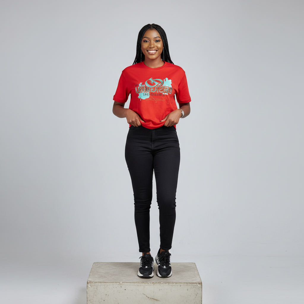Nigerian female model front view wearing red rhinestone Designru monogram T-shirt