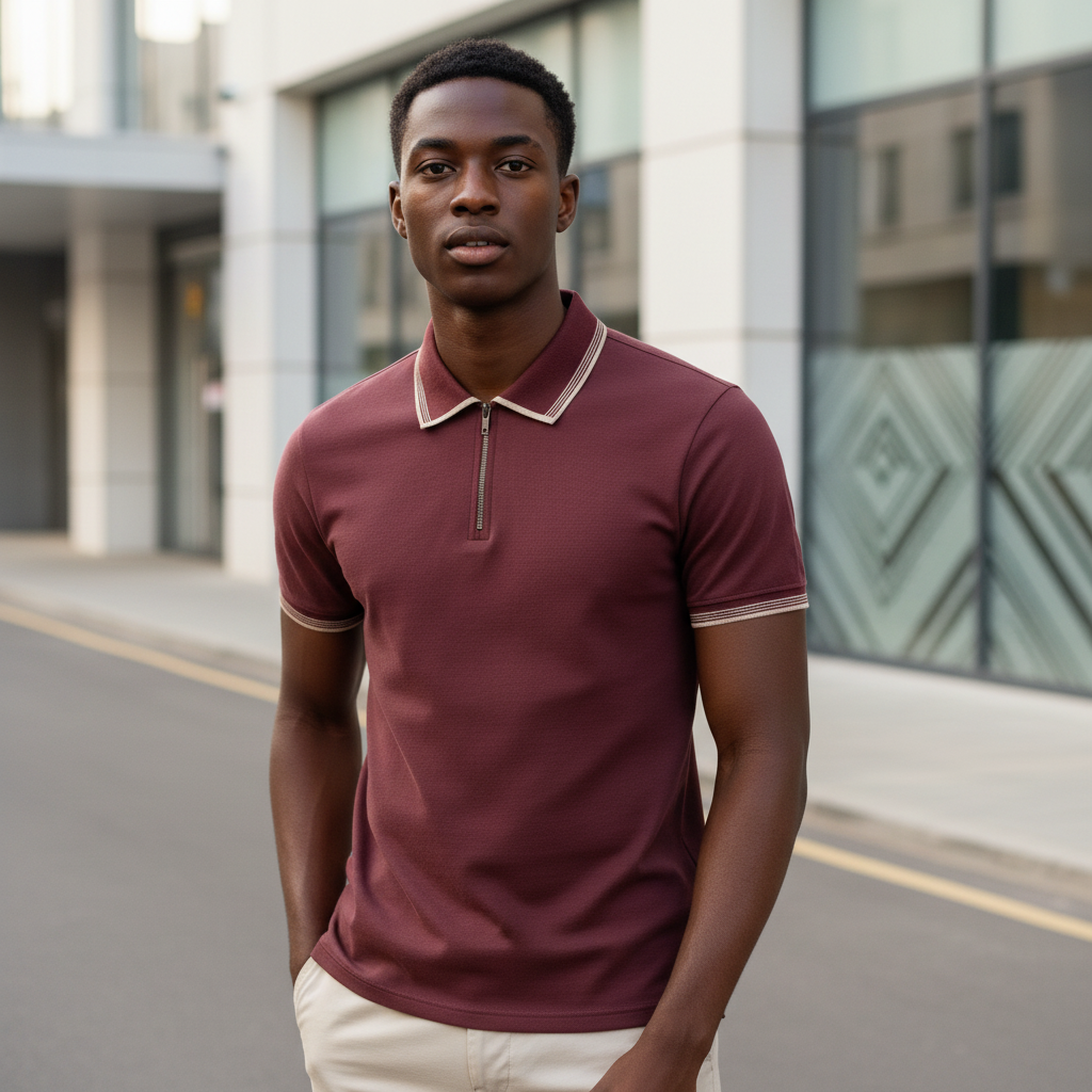 Young Nigerian male model wearing maroon zip-collar polo shirt