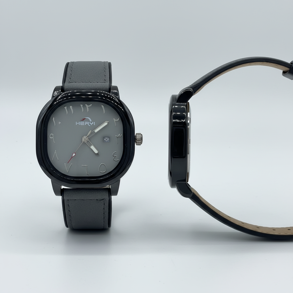 Grey dial watch with black case and grey leather strap shown from the front and side