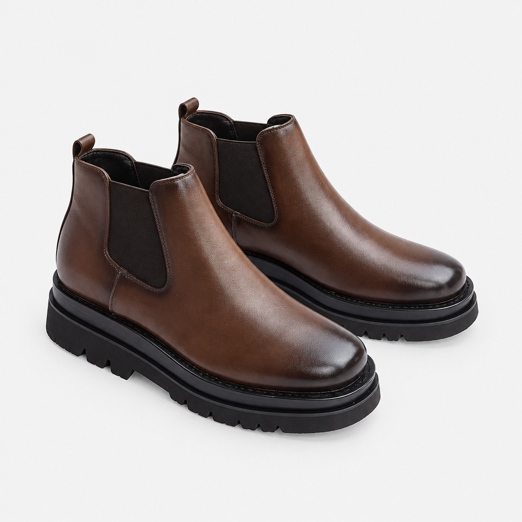 Brown men's Chelsea ankle boots shown as a complete pair