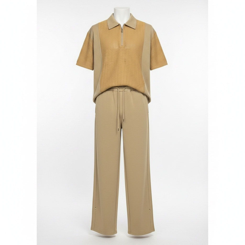 Ghost mannequin sand khaki open-knit polo and trouser two-piece set