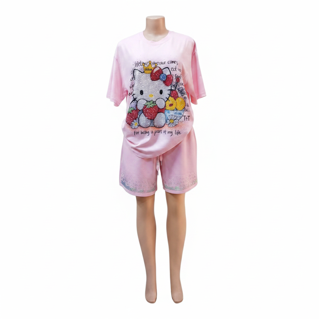 Ghost mannequin front view - pink Hello Kitty rhinestone top and shorts set