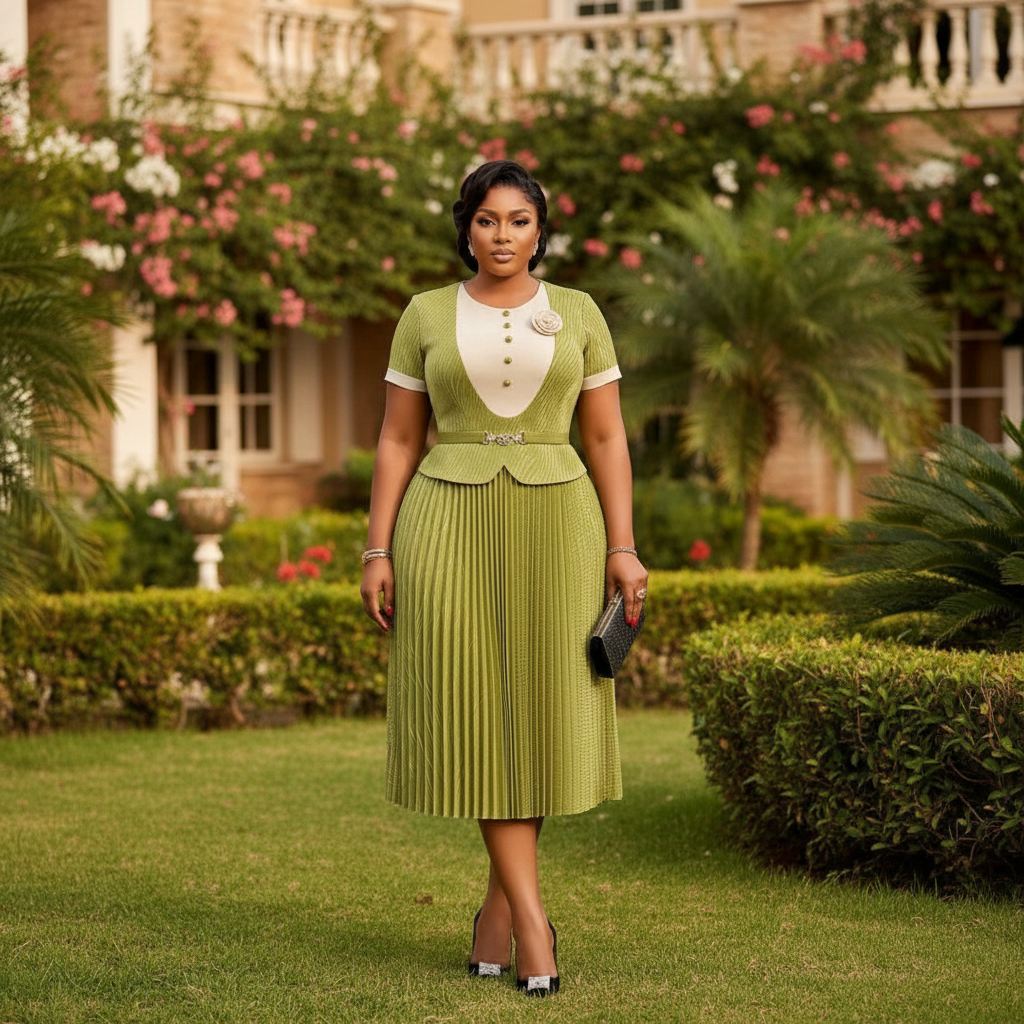 Women's chartreuse green peplum pleated midi gown – Nigerian model lifestyle shot