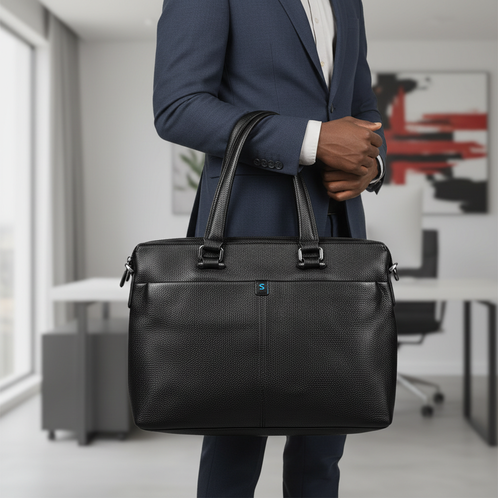 Sobar black pebbled leather laptop tote carried by Black Nigerian professional in office