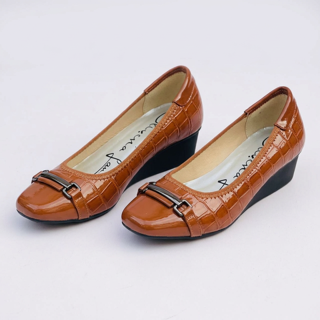 Matching cognac square-toe bar-detail wedge shoes
