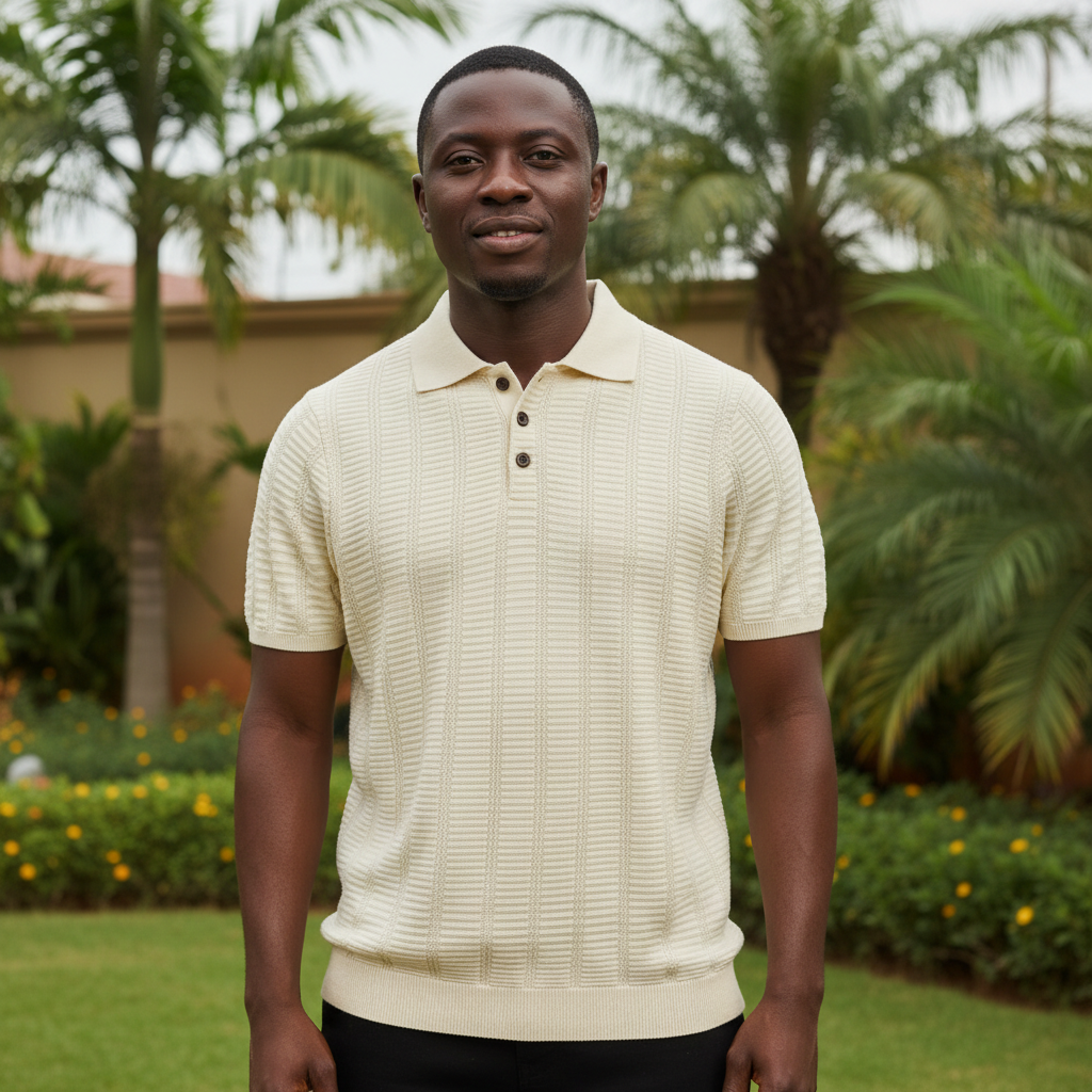 Cream Ribbed Knit Polo – Nigerian male model front view