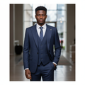 Nigerian male model wearing deep navy blue 3-piece suit