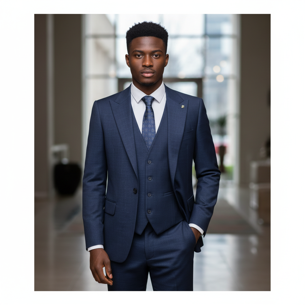 Nigerian male model wearing deep navy blue 3-piece suit
