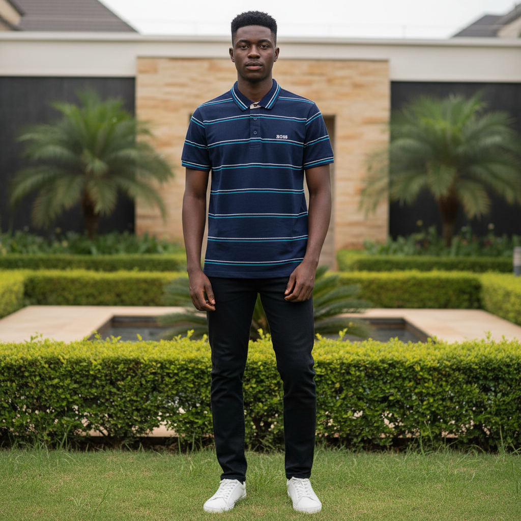 Nigerian male model wearing navy blue striped short sleeve polo shirt