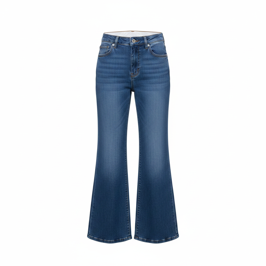 Women's blue denim wide-leg flare jeans — ghost mannequin front view