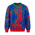 Blue multicolour abstract-pattern knit sweater with green neckline and red cuffs and hem