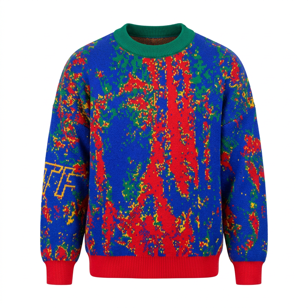 Blue multicolour abstract-pattern knit sweater with green neckline and red cuffs and hem