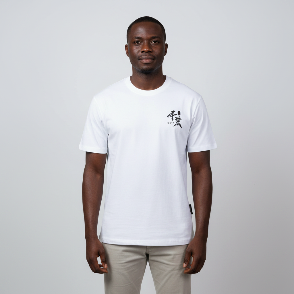 Model wearing the white samurai back print tee
