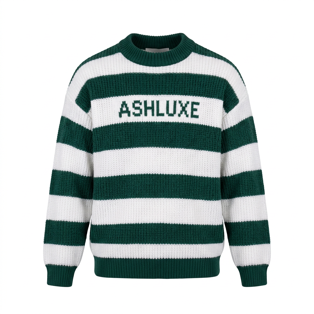 Green and white broad-striped crew-neck knit sweater