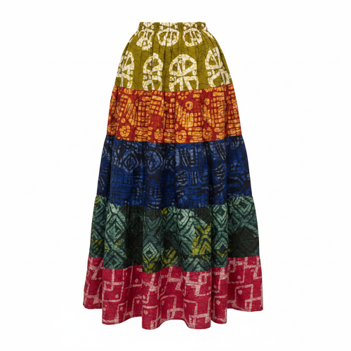 Ghost mannequin view of Women's Multicolour Ankara Tiered Maxi Skirt