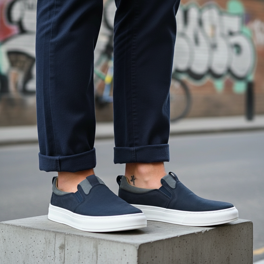 Model wearing navy blue nubuck leather slip-on sneakers with white sole leg shot