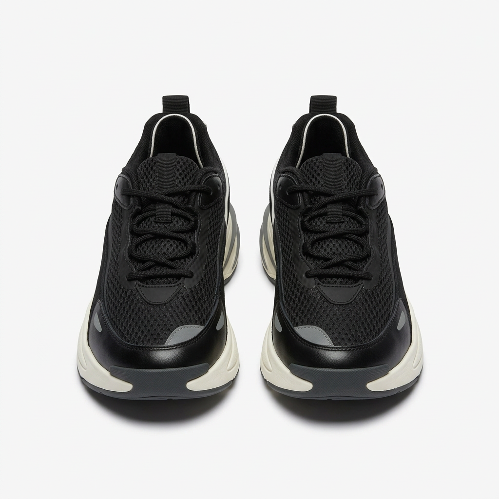 Front view of black mesh sneaker pair with cream-white chunky soles