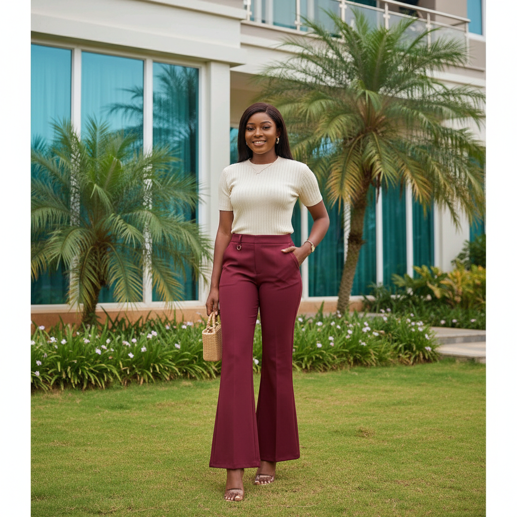 Women's Burgundy Wide-Leg Palazzo Trousers – Nigerian Female Model Shot