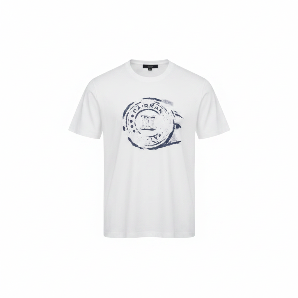 Ghost mannequin front view of white navy graphic print T-shirt