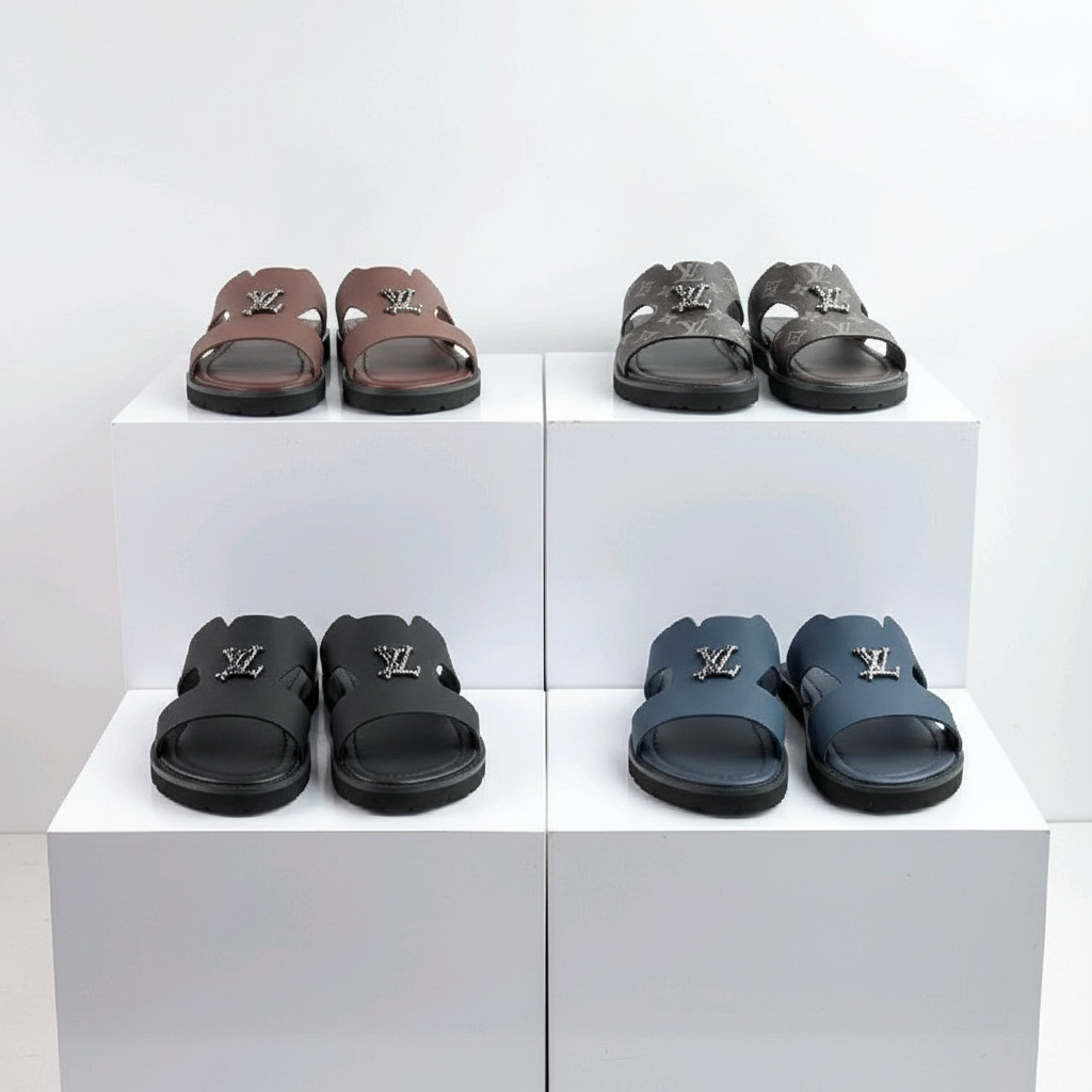 Men's H-strap slide sandals in all four colourways on white platform