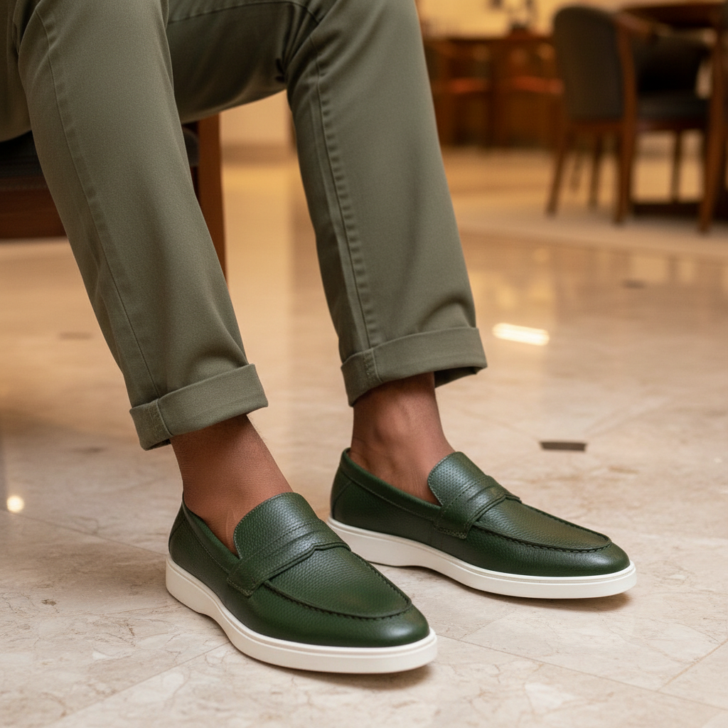Forest Green Pebbled Leather Penny Loafer - Model Shot
