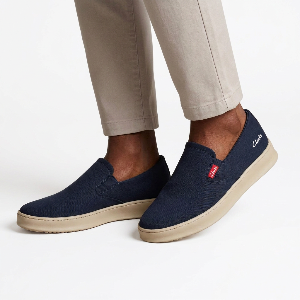 Both navy slip-on sneakers worn by a Black male model on white