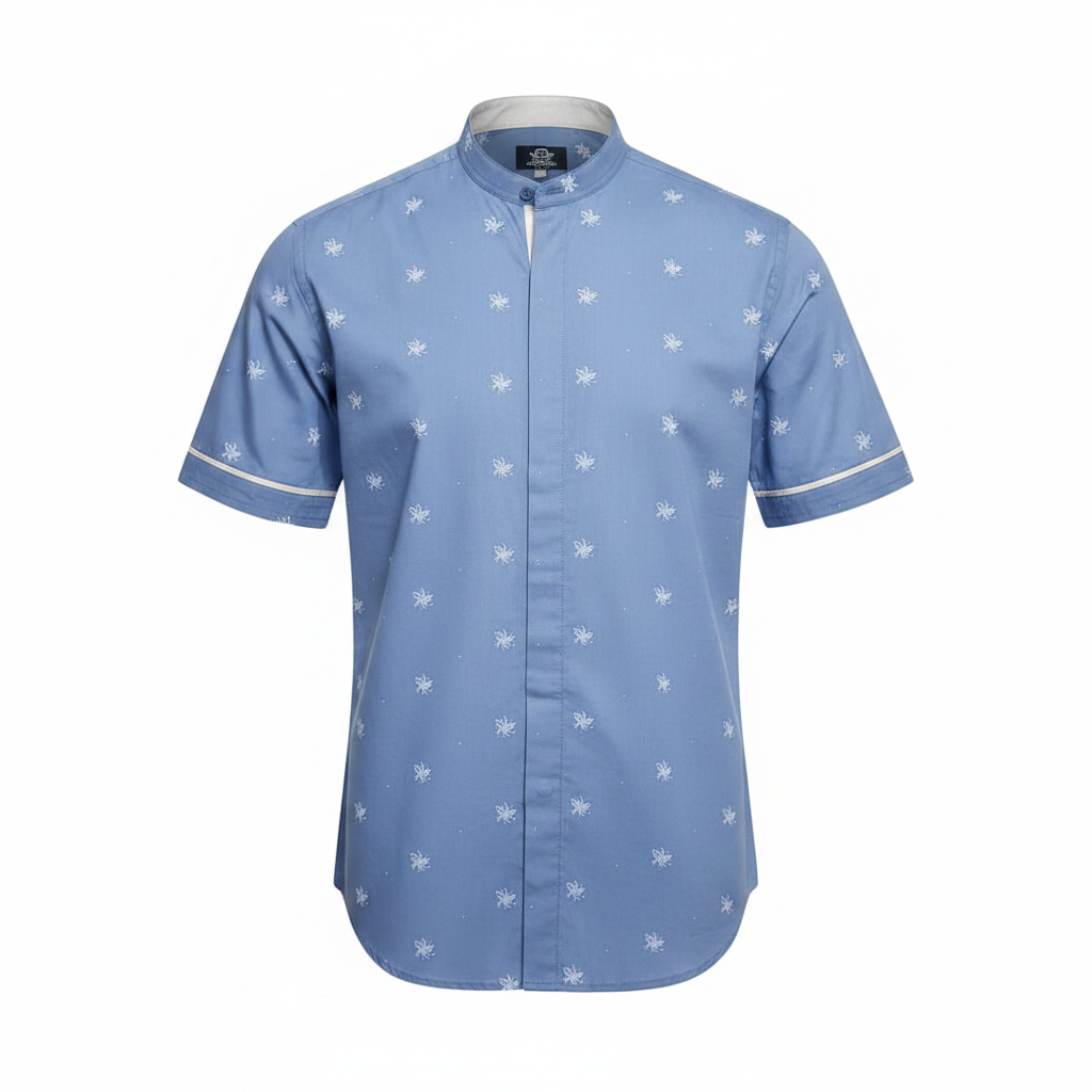 Ghost mannequin of steel blue ditsy floral print short-sleeved shirt on white background