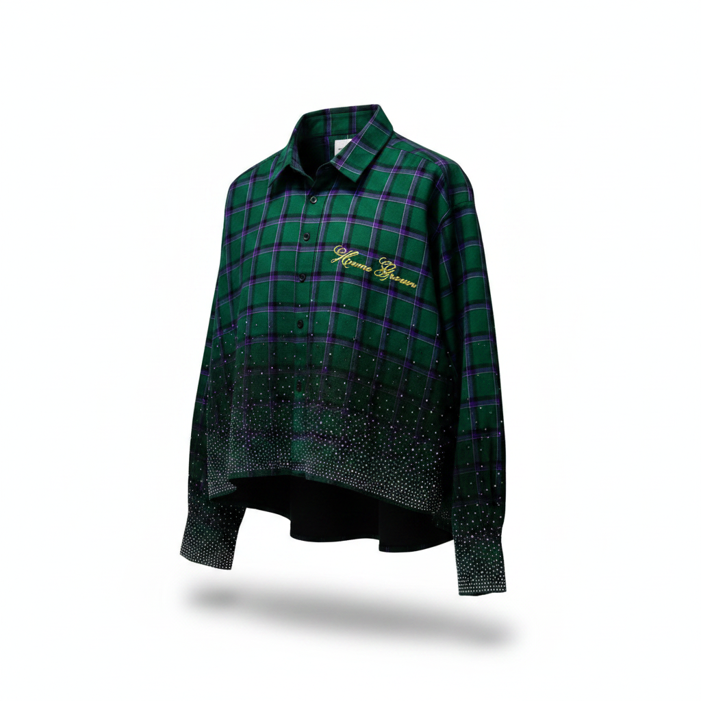 Green tartan crop shirt with crystal studs shown in worn shape on a white background