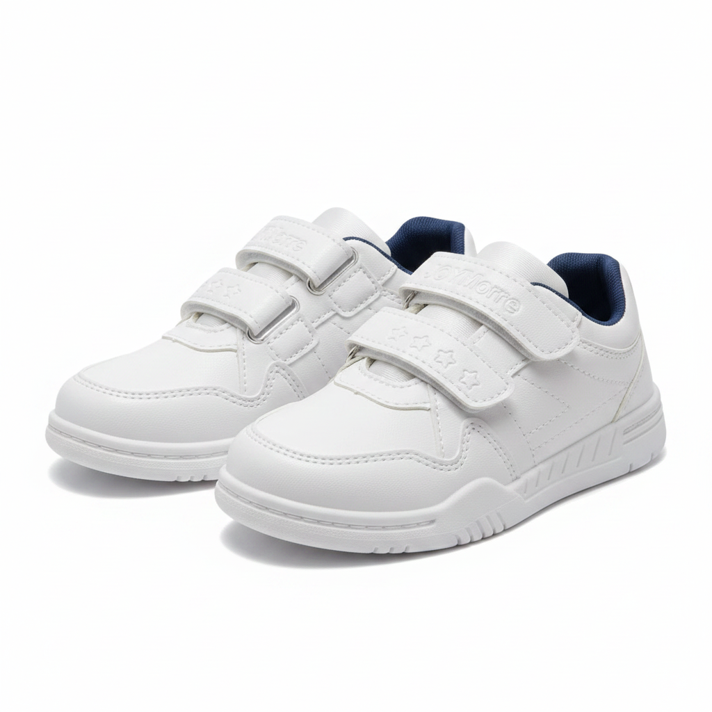 Kids' white and navy velcro star strap sneakers ghost mannequin view