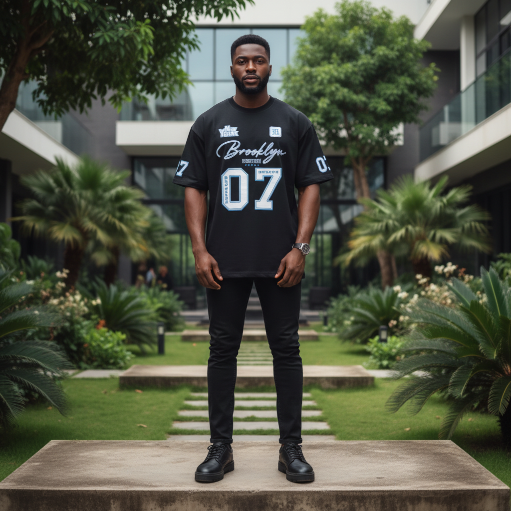 Black Brooklyn Boston 07 Varsity Graphic Short-Sleeved Shirt - Model Front