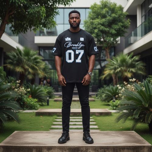 Black Brooklyn Boston 07 Varsity Graphic Short-Sleeved Shirt - Model Front