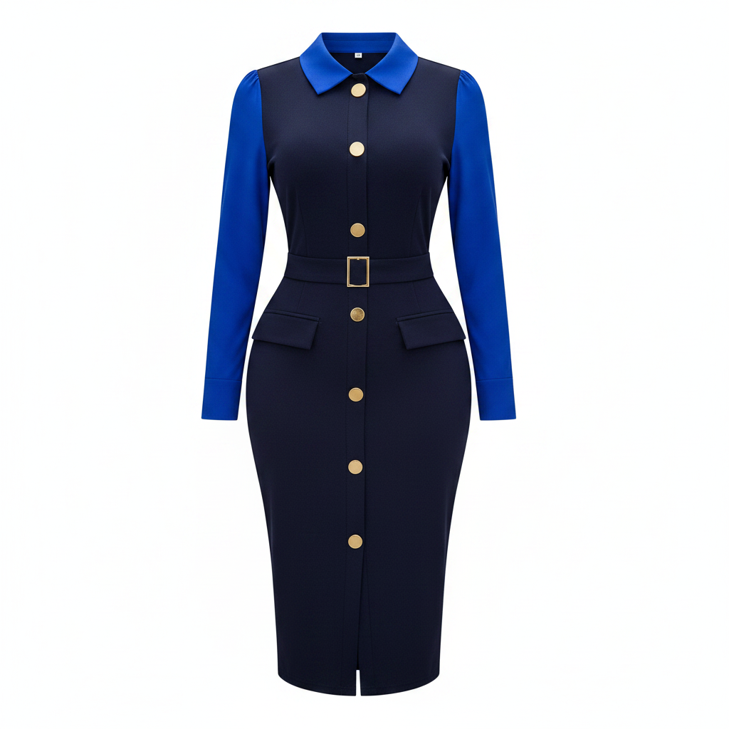 Women's Navy & Royal Blue Colour-Block Gold-Button Belted Midi Dress – Ghost Mannequin Front View