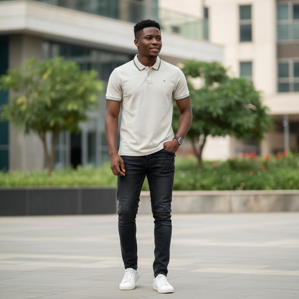 Stone Beige Tipped Embroidered Polo Shirt - Model Shot