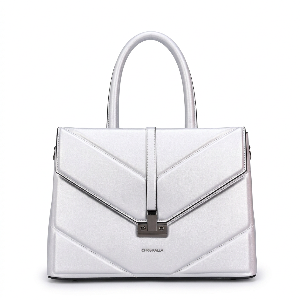 White envelope-flap handbag with angular stitching and dark clasp on white
