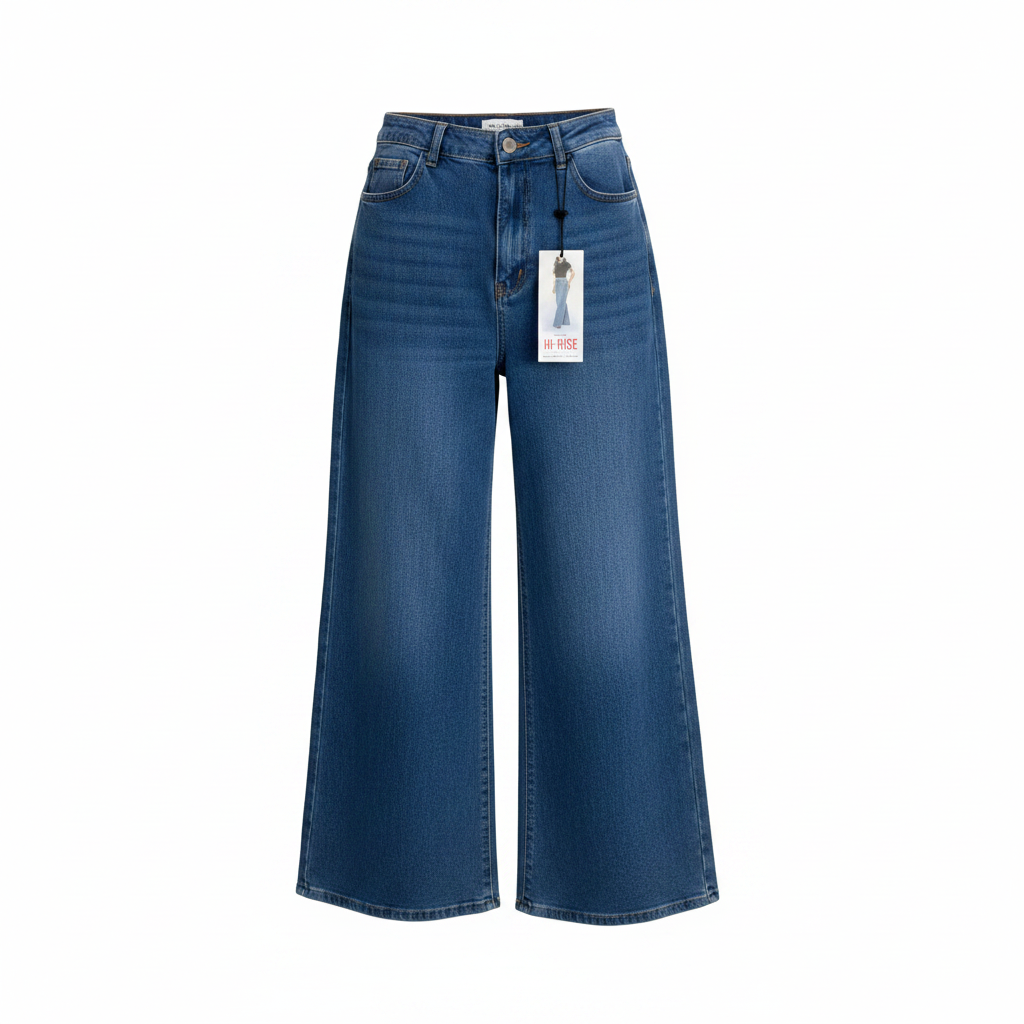 Women's blue denim hi-rise wide-leg jeans — ghost mannequin front view