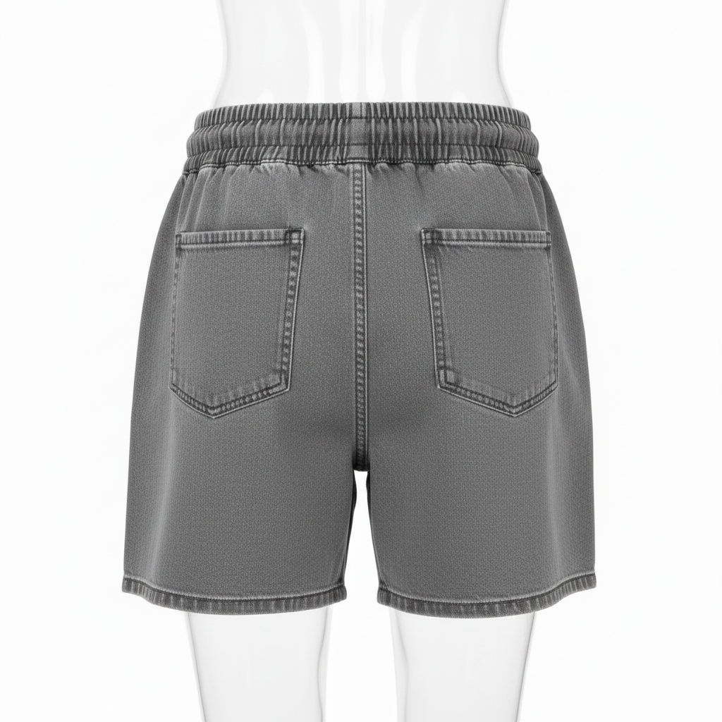 Ghost mannequin back view of grey washed denim shorts