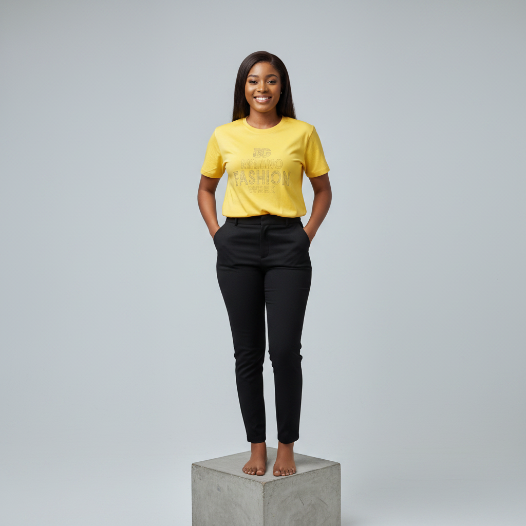 Nigerian female model front view wearing yellow rhinestone fashion week T-shirt