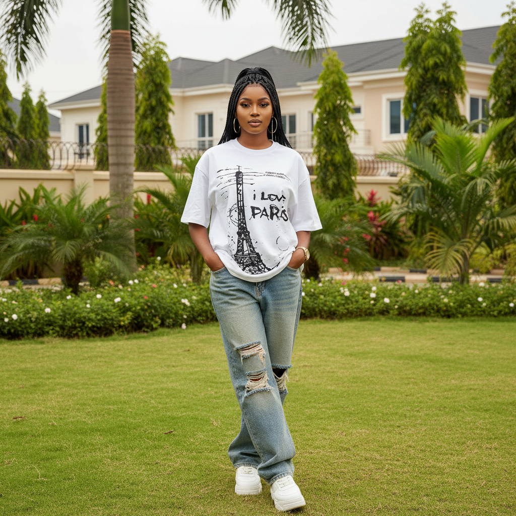 Nigerian female model wearing white Paris sketch graphic tee – front view