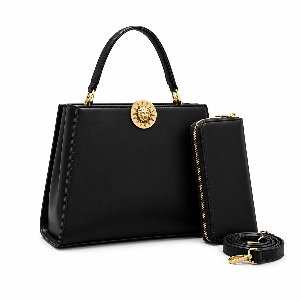 Black sunburst-clasp handbag with plain-front wallet and detachable strap