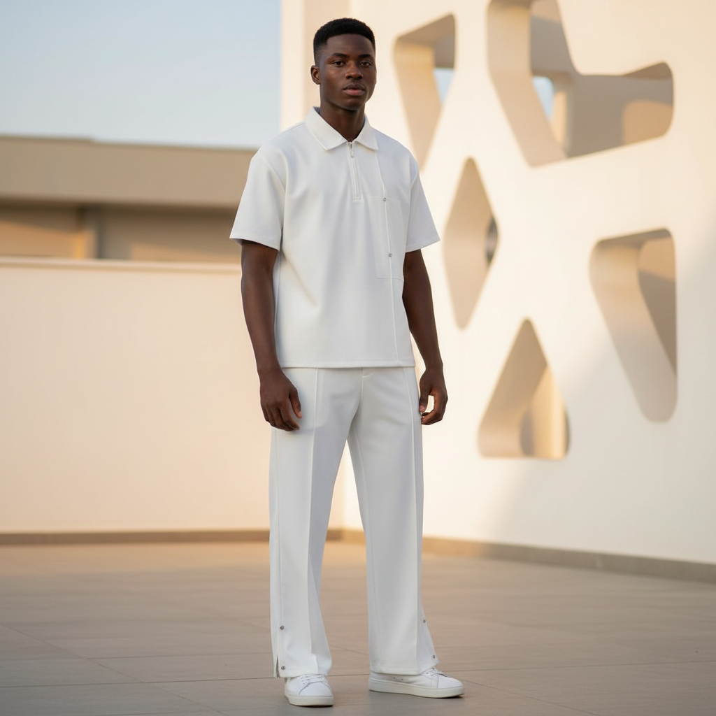 Male model wearing white crystal stud polo and trouser two-piece set