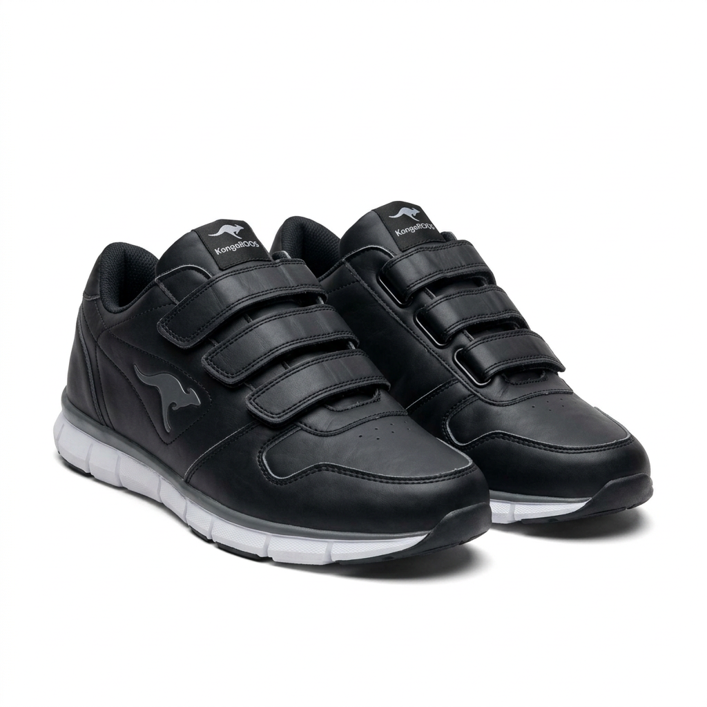 Pair of black triple-strap sneakers with white soles on white background