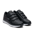 Pair of black triple-strap sneakers with white soles on white background