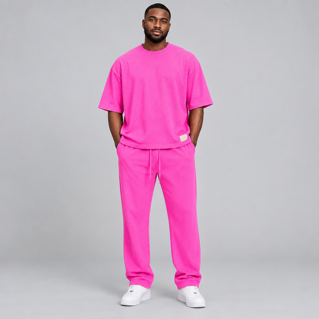 Nigerian male model wearing hot pink oversized t-shirt and jogger tracksuit set