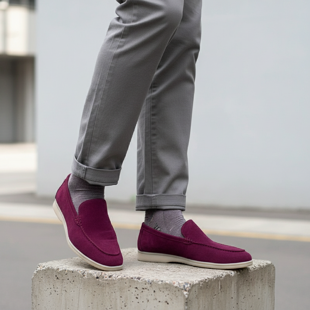Leg-focused shot of purple suede slip-on loafers worn on both feet, Gen Z street style